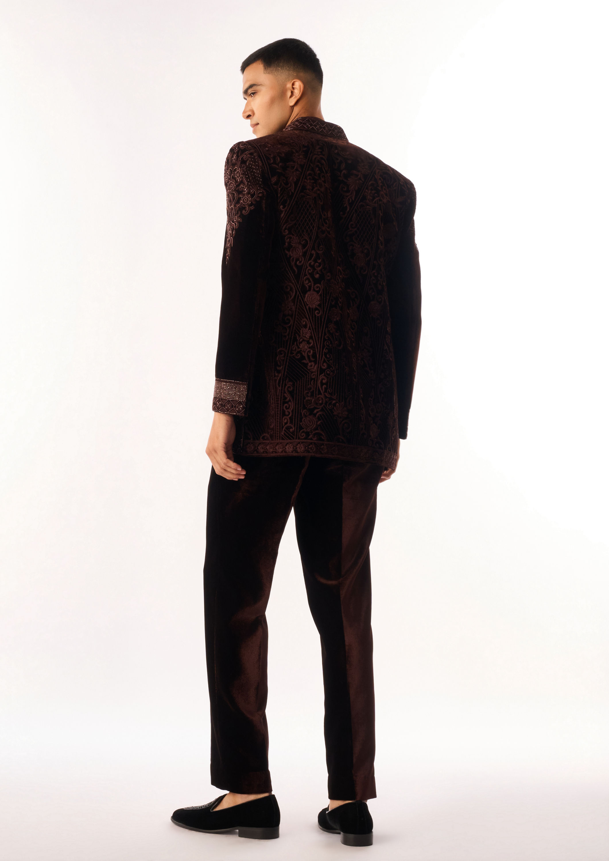 Twamev Men Brown Velvet Indo Western Jacket with Embroidery