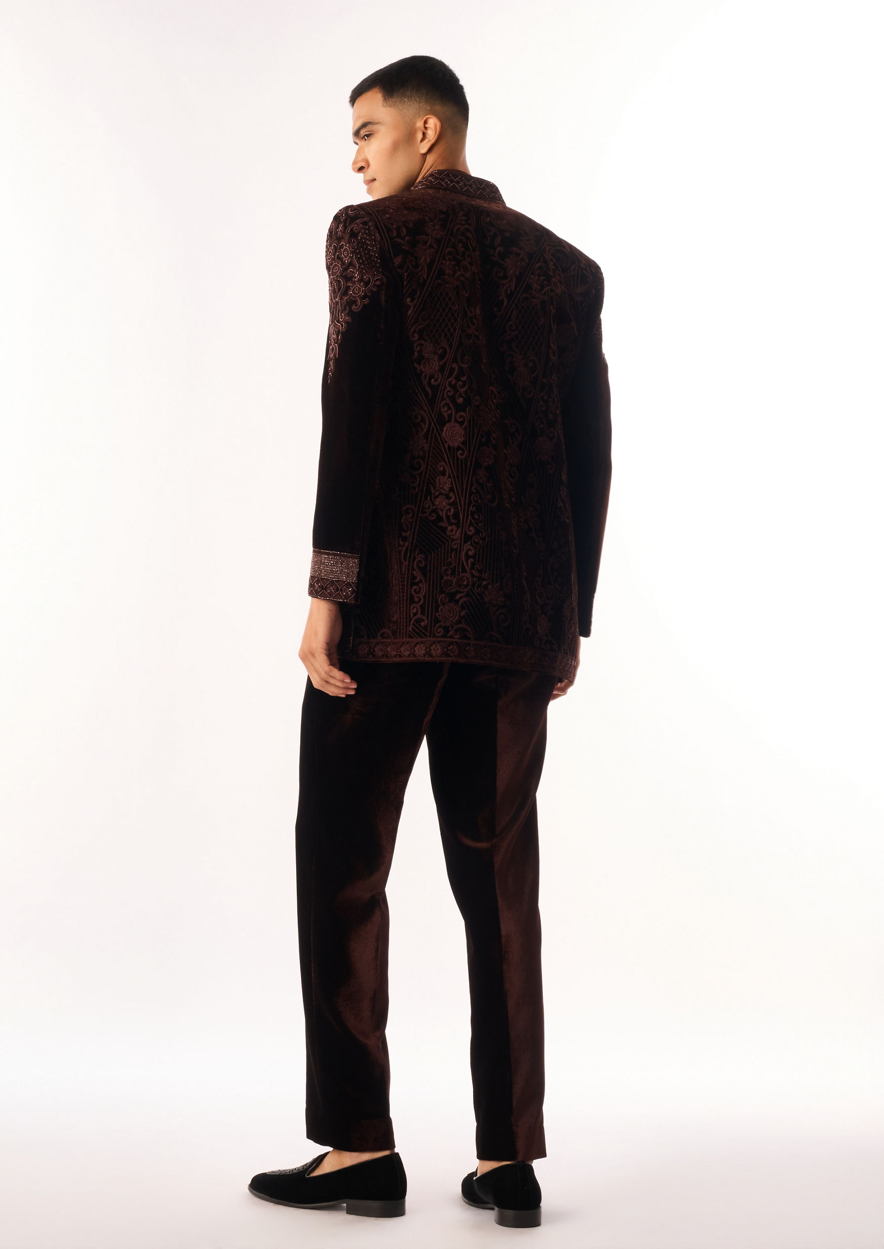 Twamev Men Brown Velvet Indo Western Jacket with Embroidery