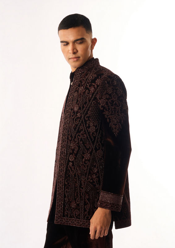 Twamev Men Brown Velvet Indo Western Jacket with Embroidery