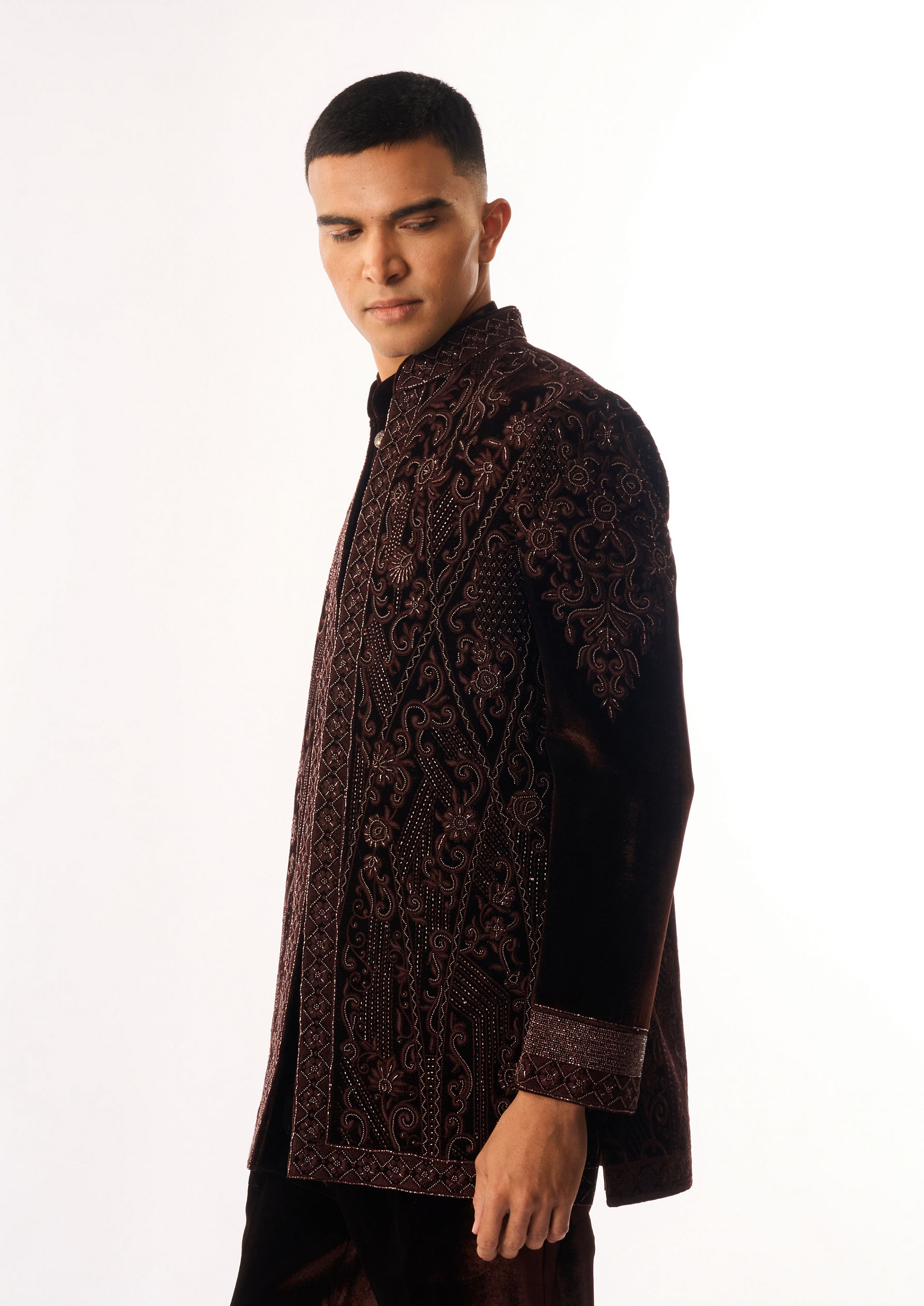 Twamev Men Brown Velvet Indo Western Jacket with Embroidery