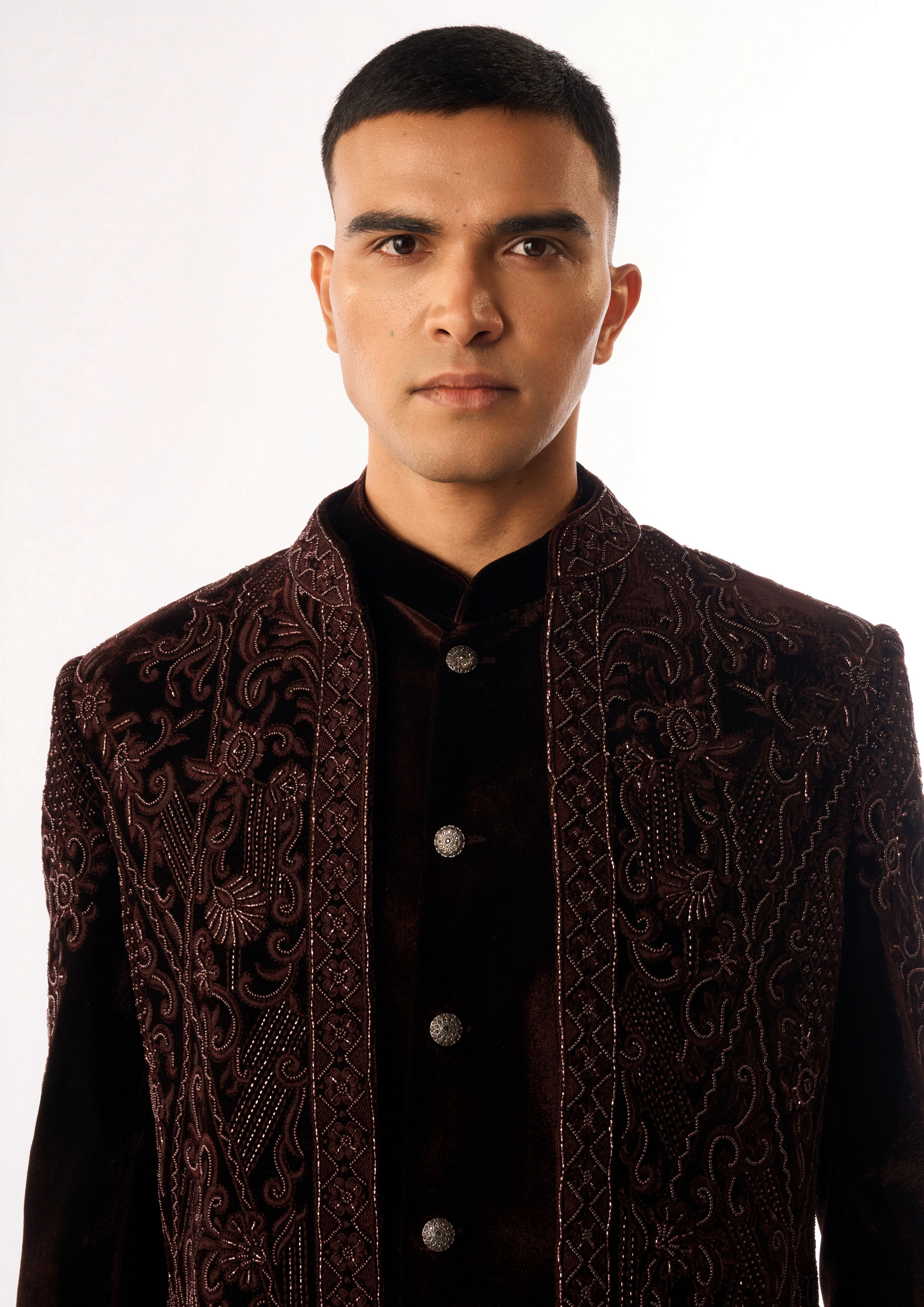 Twamev Men Brown Velvet Indo Western Jacket with Embroidery