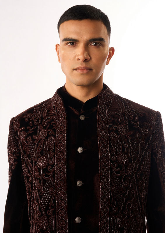 Twamev Men Brown Velvet Indo Western Jacket with Embroidery