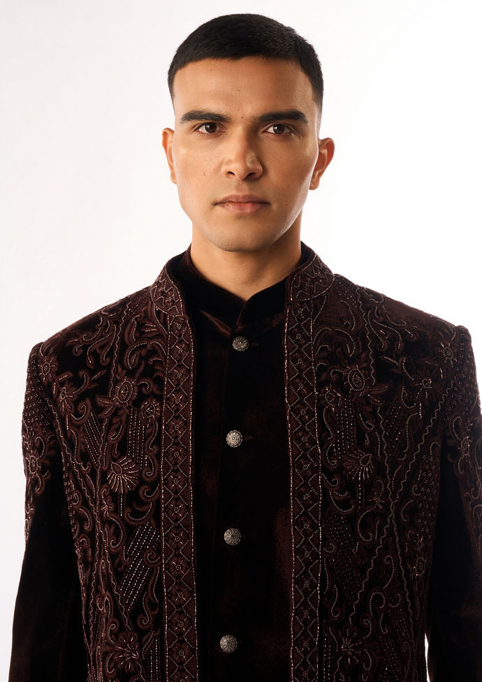 Twamev Men Brown Velvet Indo Western Jacket with Embroidery