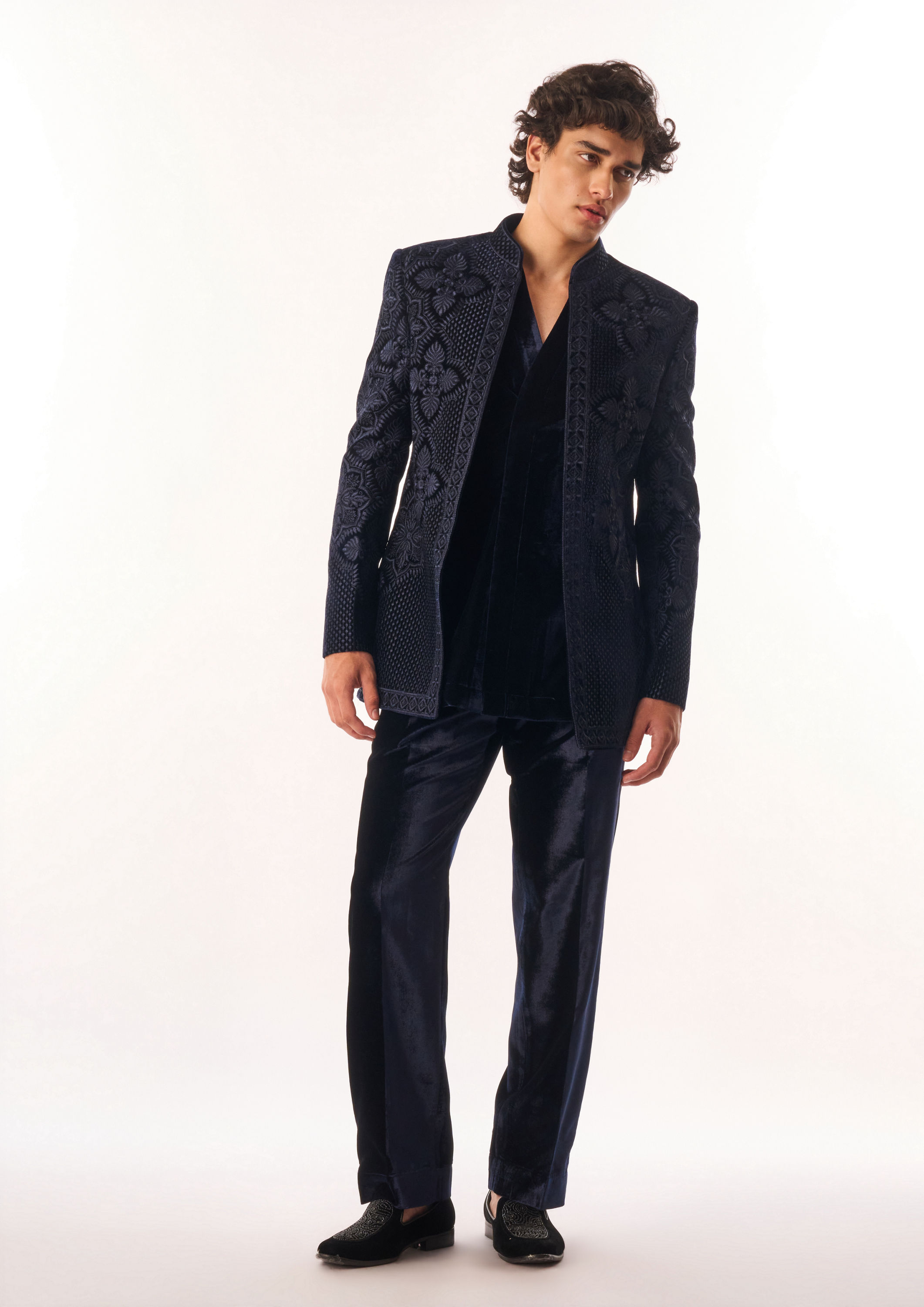Twamev Men Dark Blue Velvet Indo Western with Embroidery