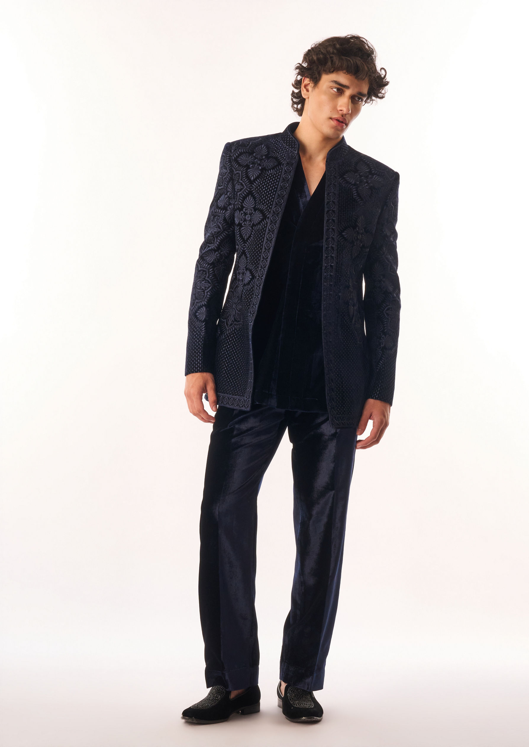Twamev Men Dark Blue Velvet Indo Western with Embroidery