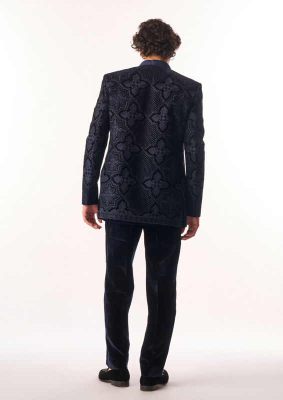 Twamev Men Dark Blue Velvet Indo Western with Embroidery