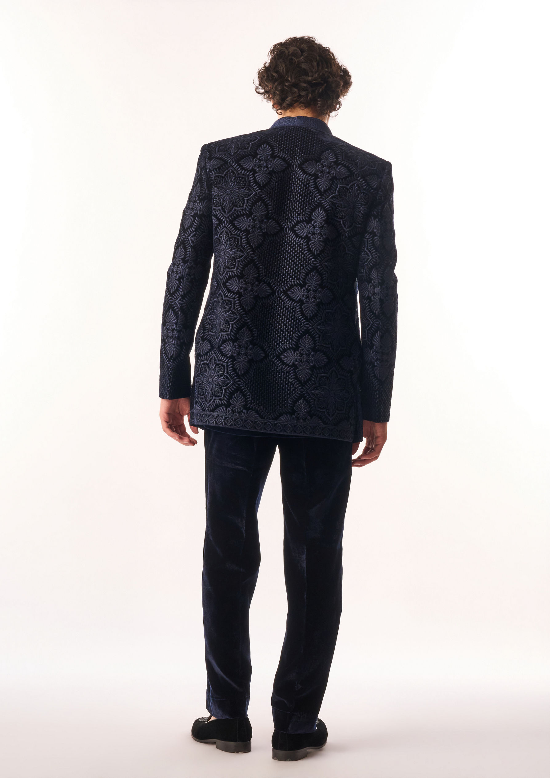 Twamev Men Dark Blue Velvet Indo Western with Embroidery