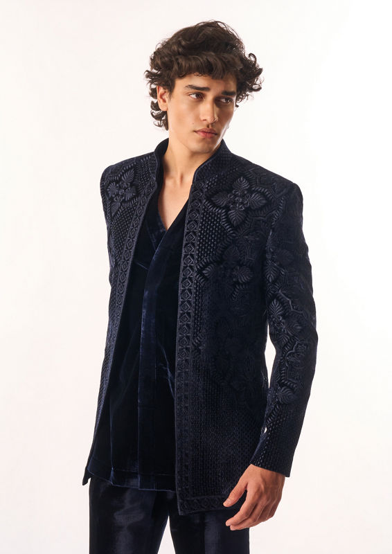 Twamev Men Dark Blue Velvet Indo Western with Embroidery