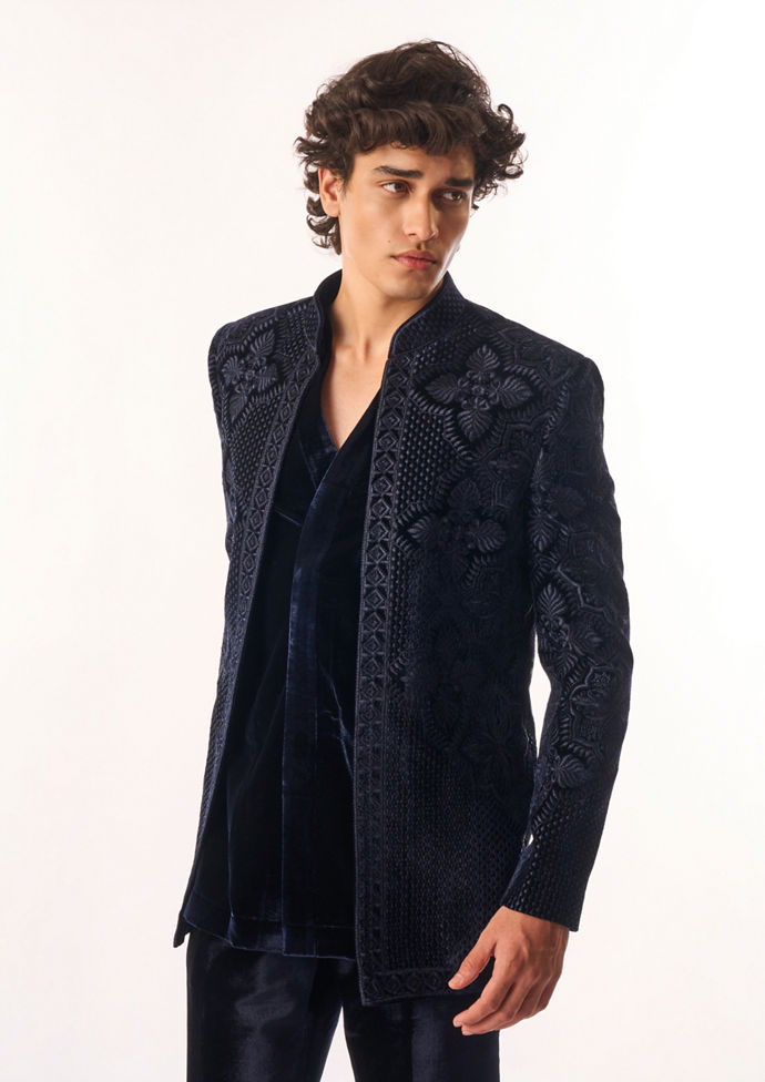 Twamev Men Dark Blue Velvet Indo Western with Embroidery
