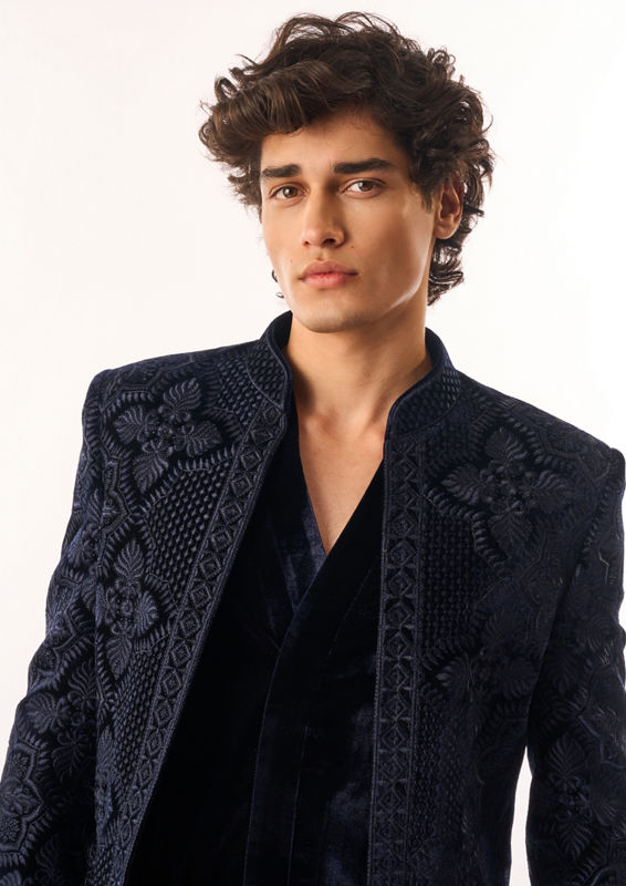 Twamev Men Dark Blue Velvet Indo Western with Embroidery