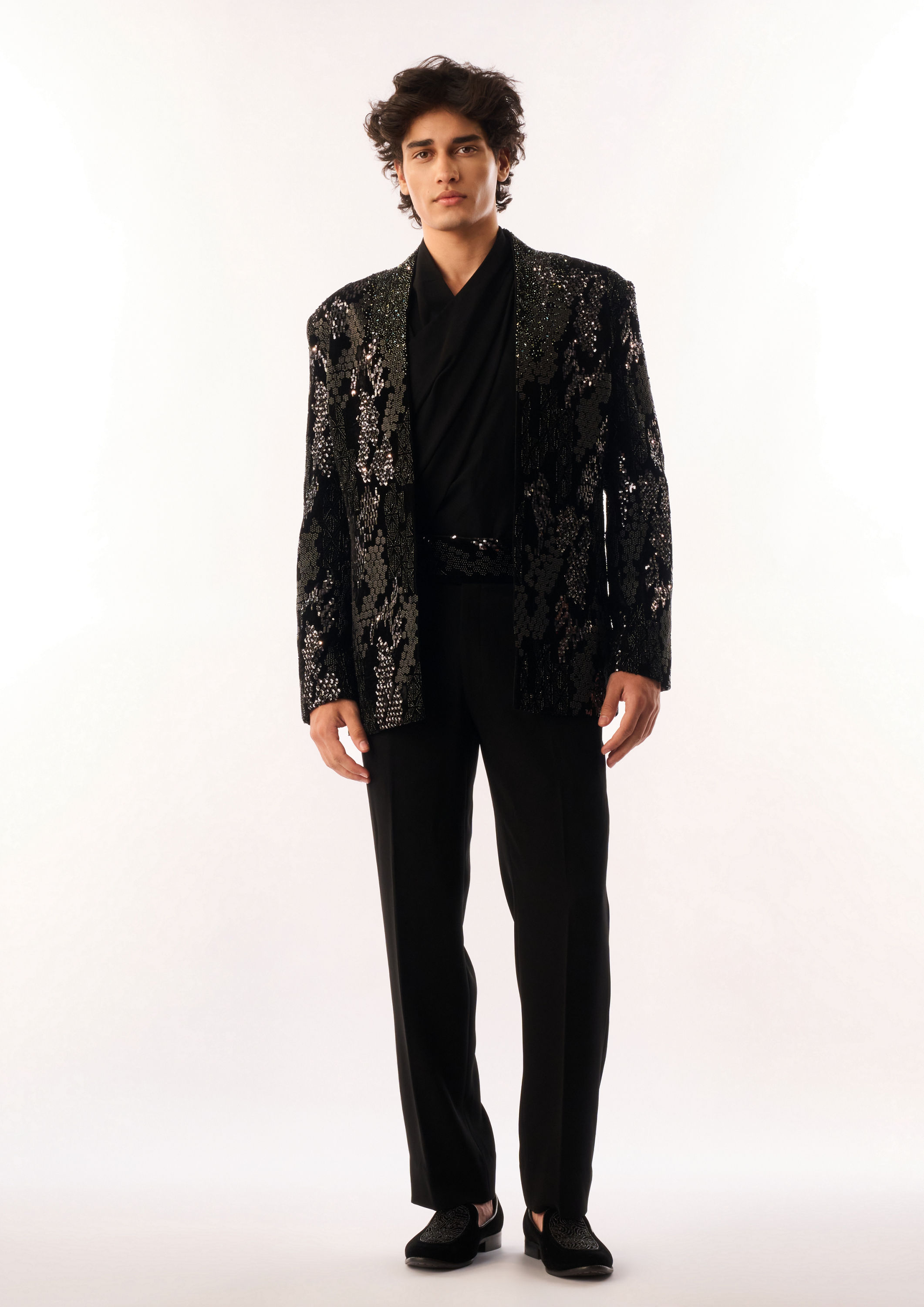 Twamev Men Black Velvet Indo Western Set with Sequins