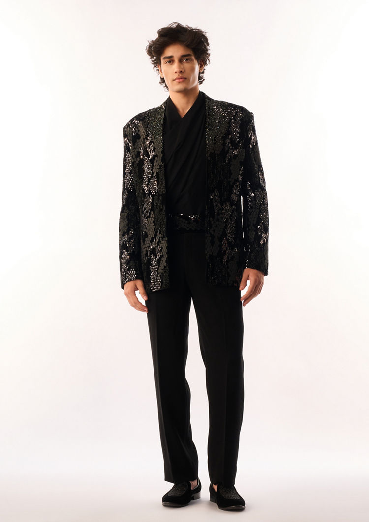 Twamev Men Black Velvet Indo Western Set with Sequins