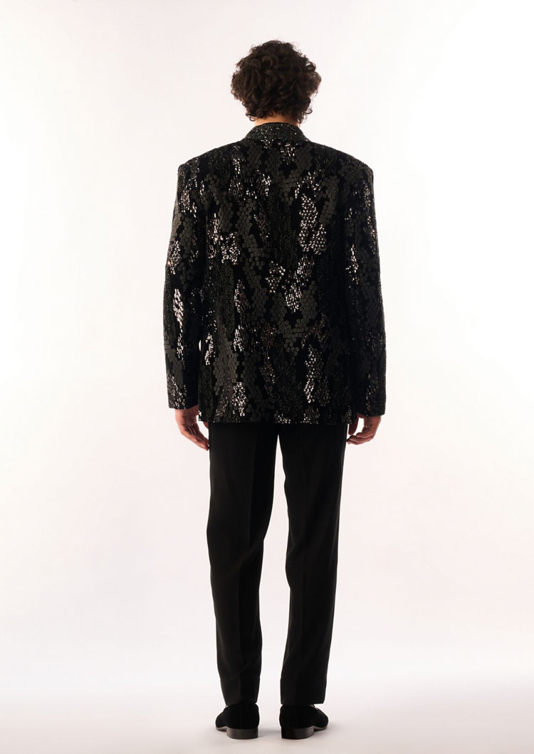 Twamev Men Black Velvet Indo Western Set with Sequins