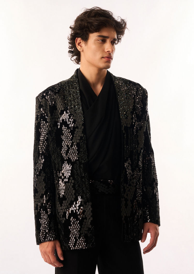 Twamev Men Black Velvet Indo Western Set with Sequins