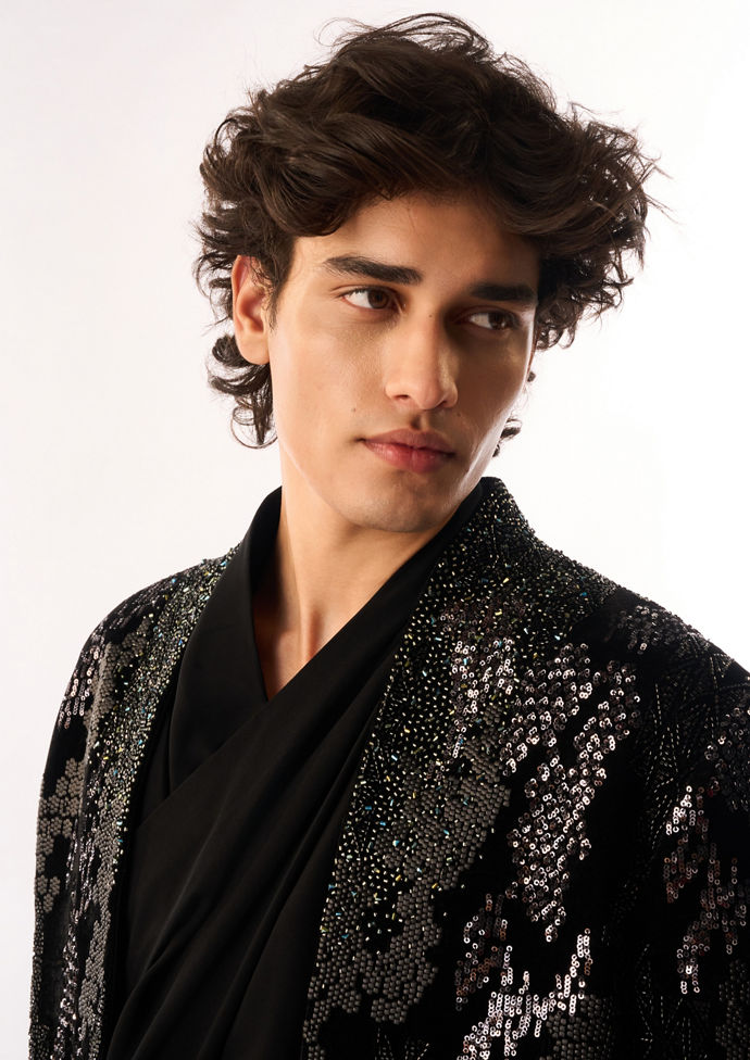 Twamev Men Black Velvet Indo Western Set with Sequins