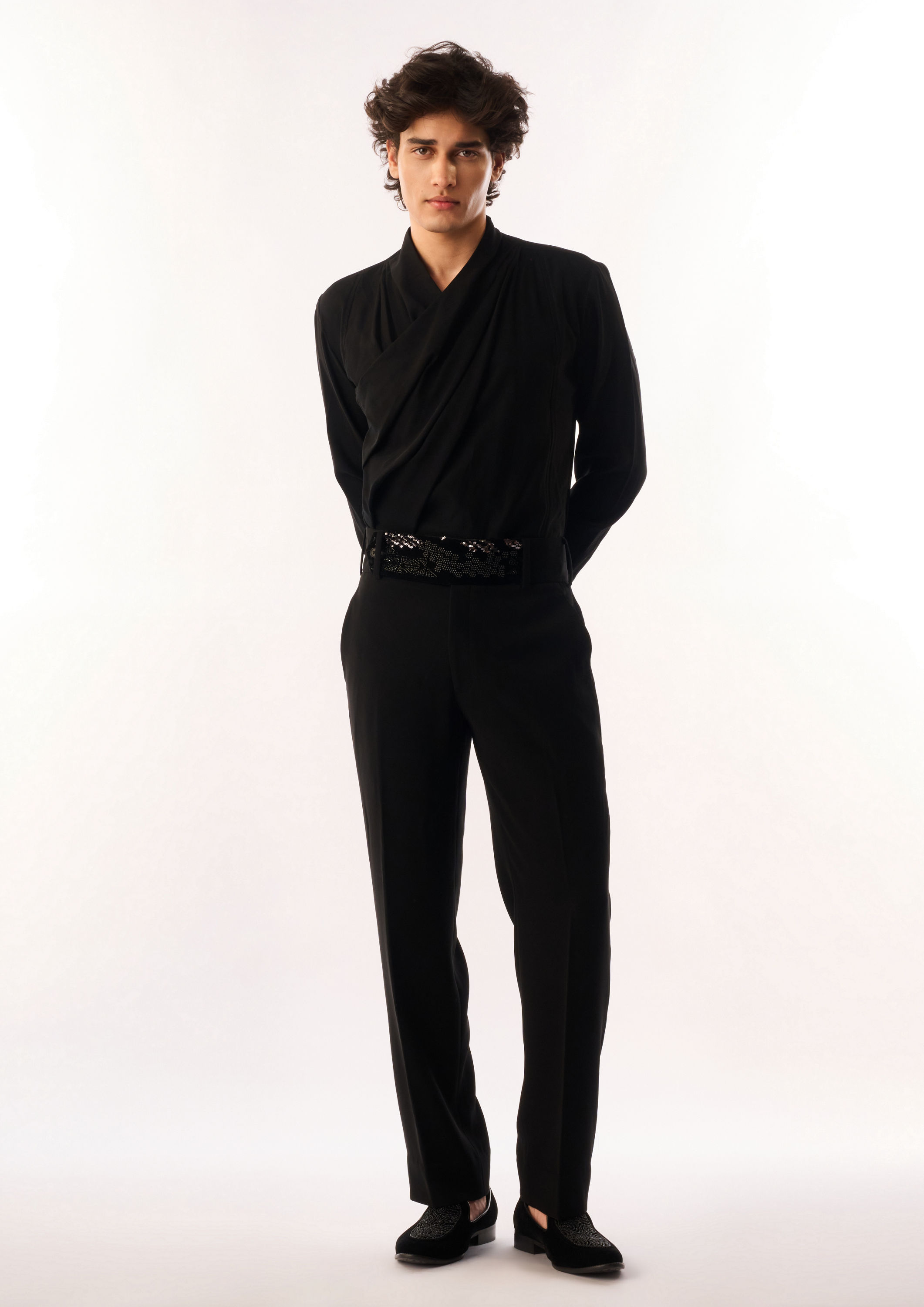 Twamev Men Black Velvet Indo Western Set with Sequins