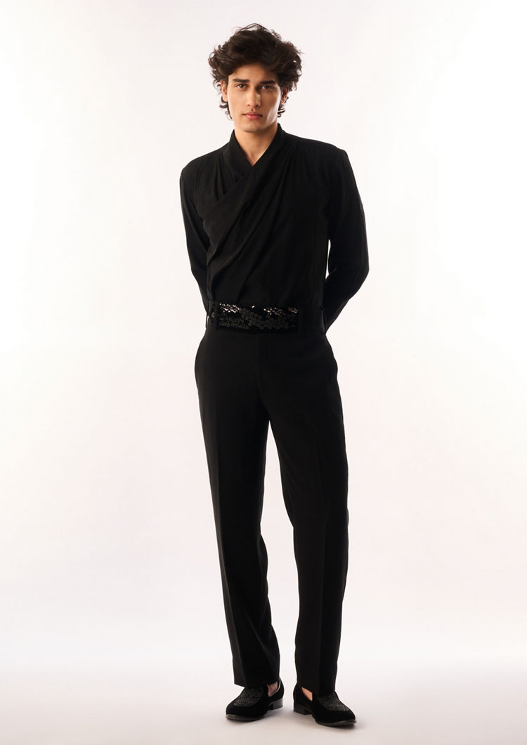 Twamev Men Black Velvet Indo Western Set with Sequins