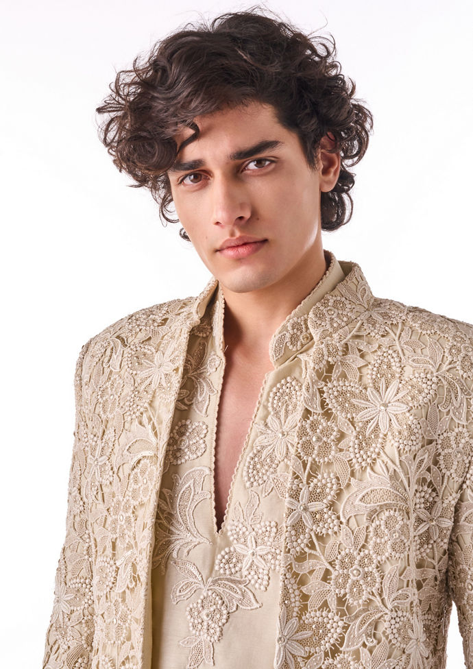 Twamev Men Beige Silk Indo-Western Set
