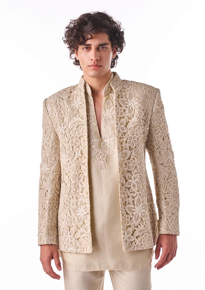 Twamev Men Beige Silk Indo-Western Set