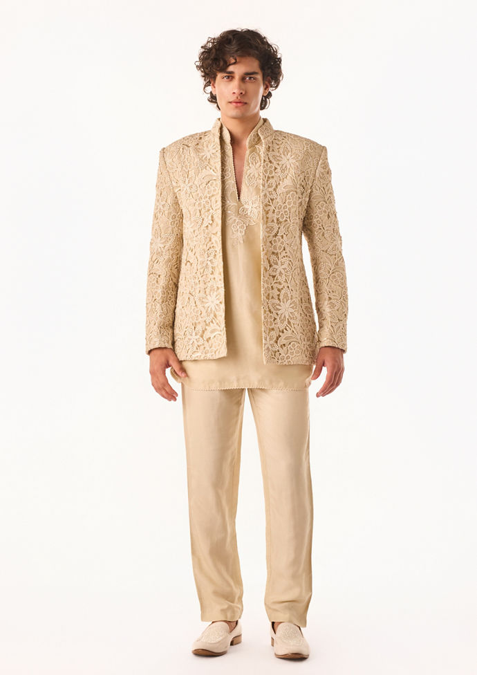 Twamev Men Beige Silk Indo-Western Set