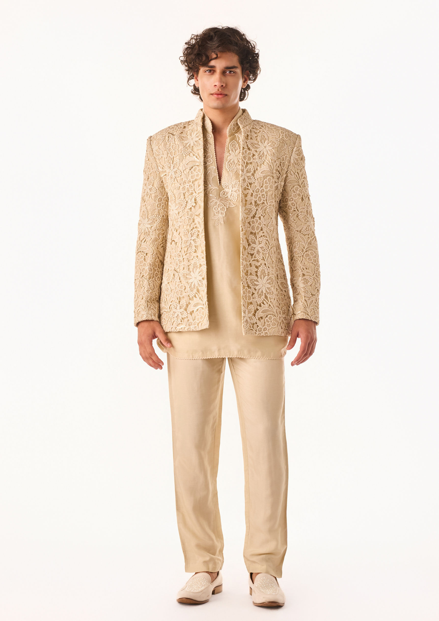 Twamev Men Beige Silk Indo-Western Set