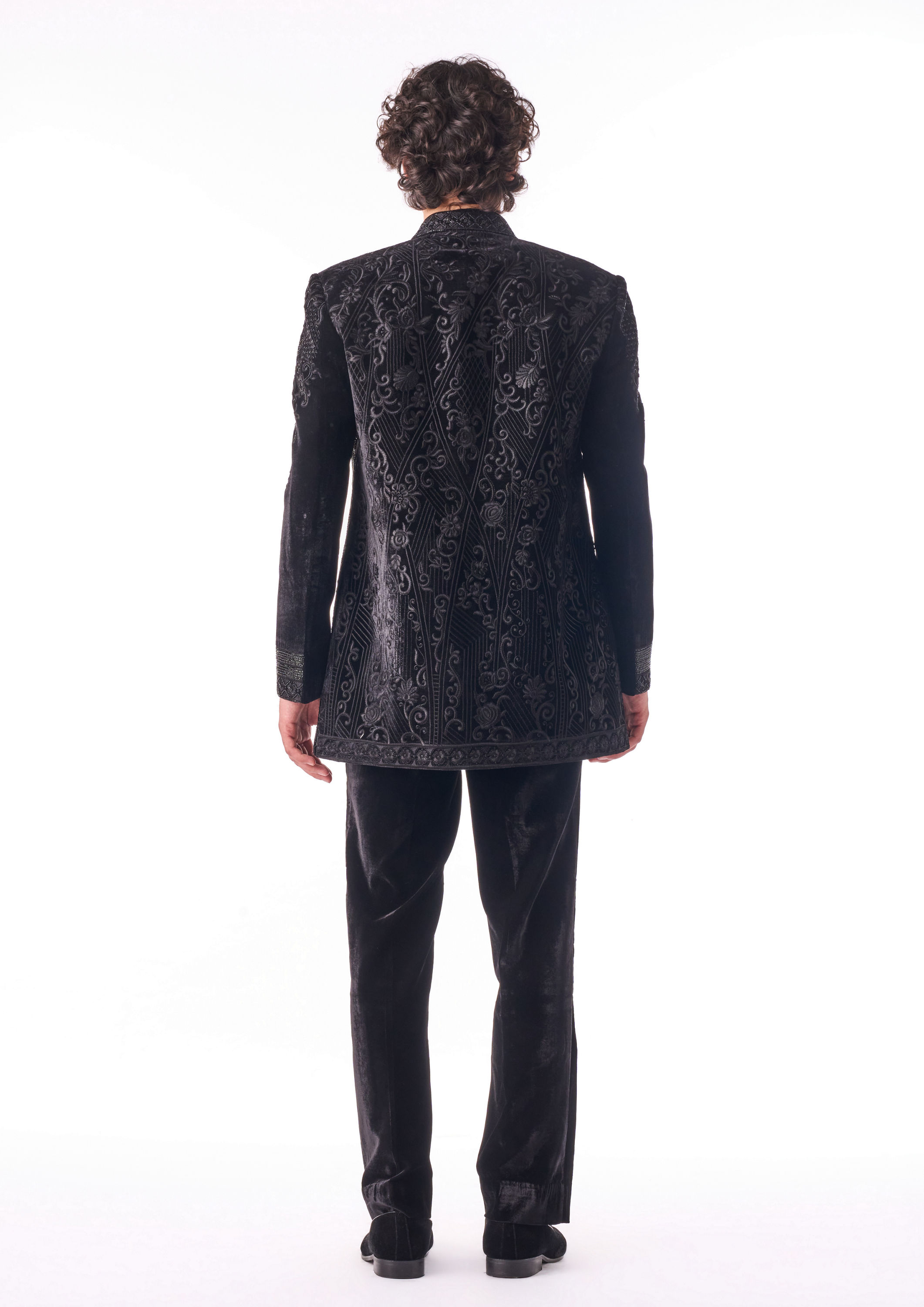 Twamev Men Black Textured Indo-Western Set