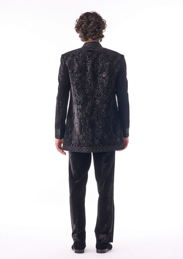Twamev Men Black Textured Indo-Western Set