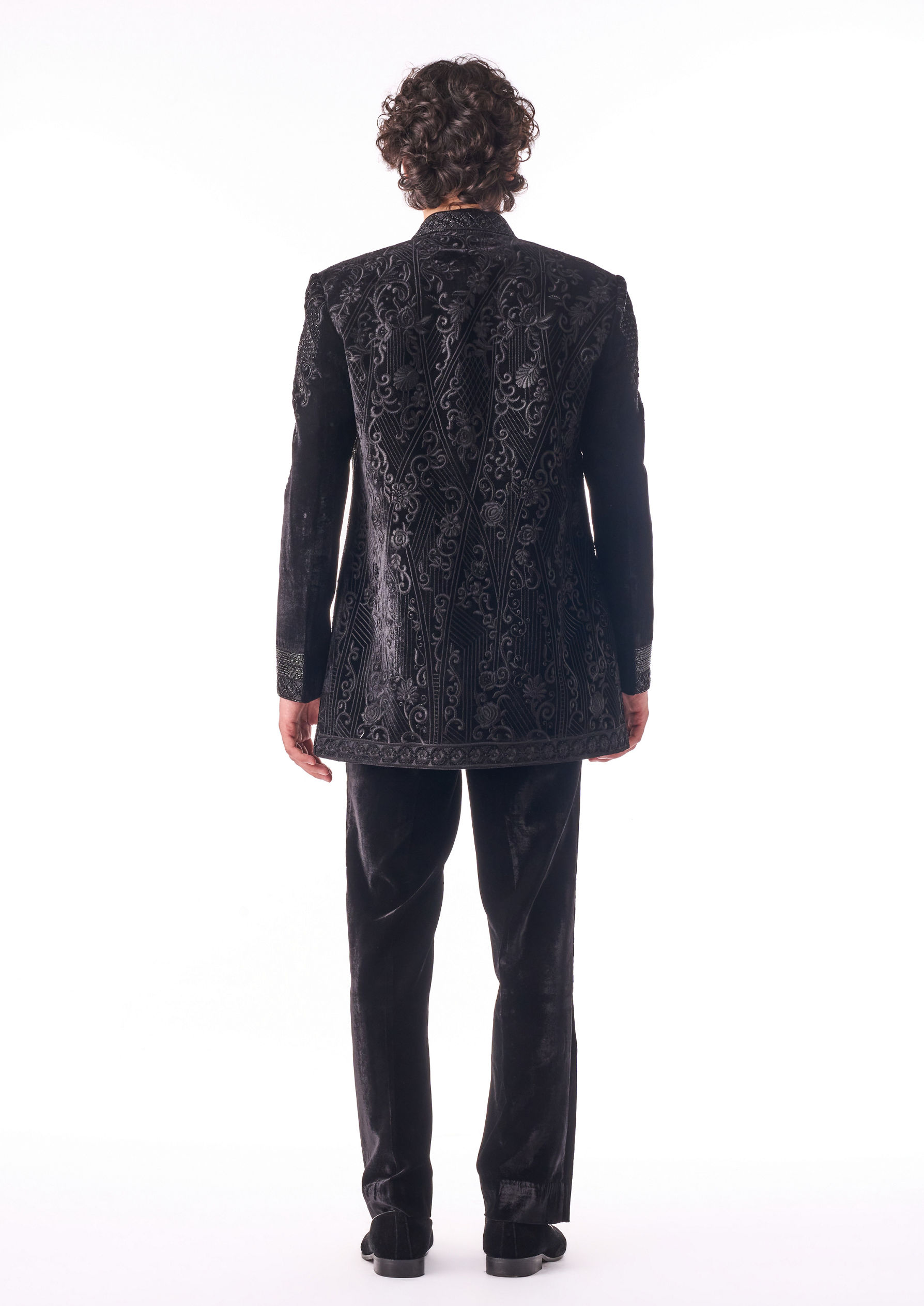 Twamev Men Black Textured Indo-Western Set