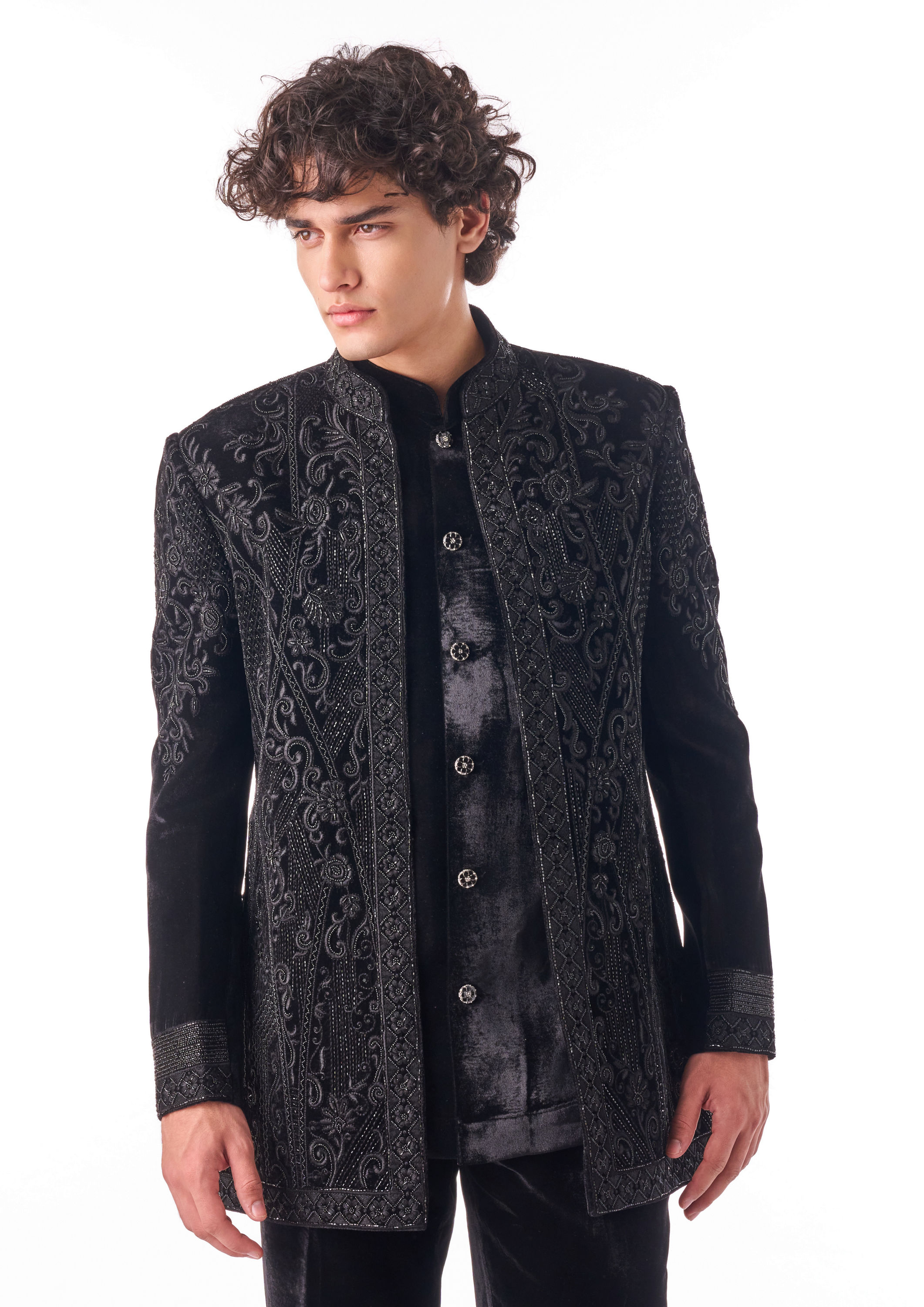 Twamev Men Black Textured Indo-Western Set