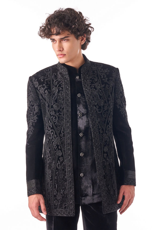 Twamev Men Black Textured Indo-Western Set