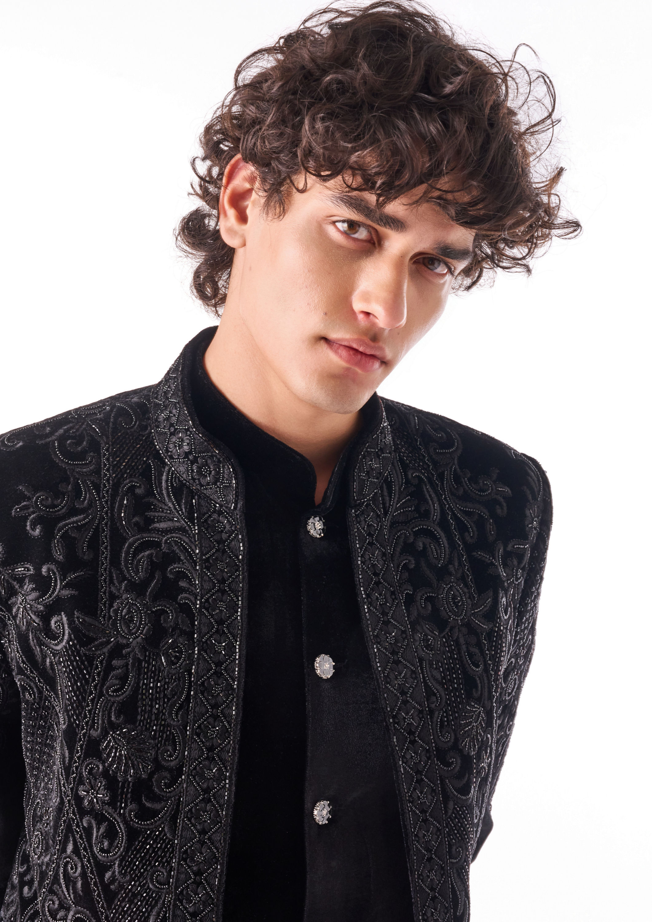 Twamev Men Black Textured Indo-Western Set