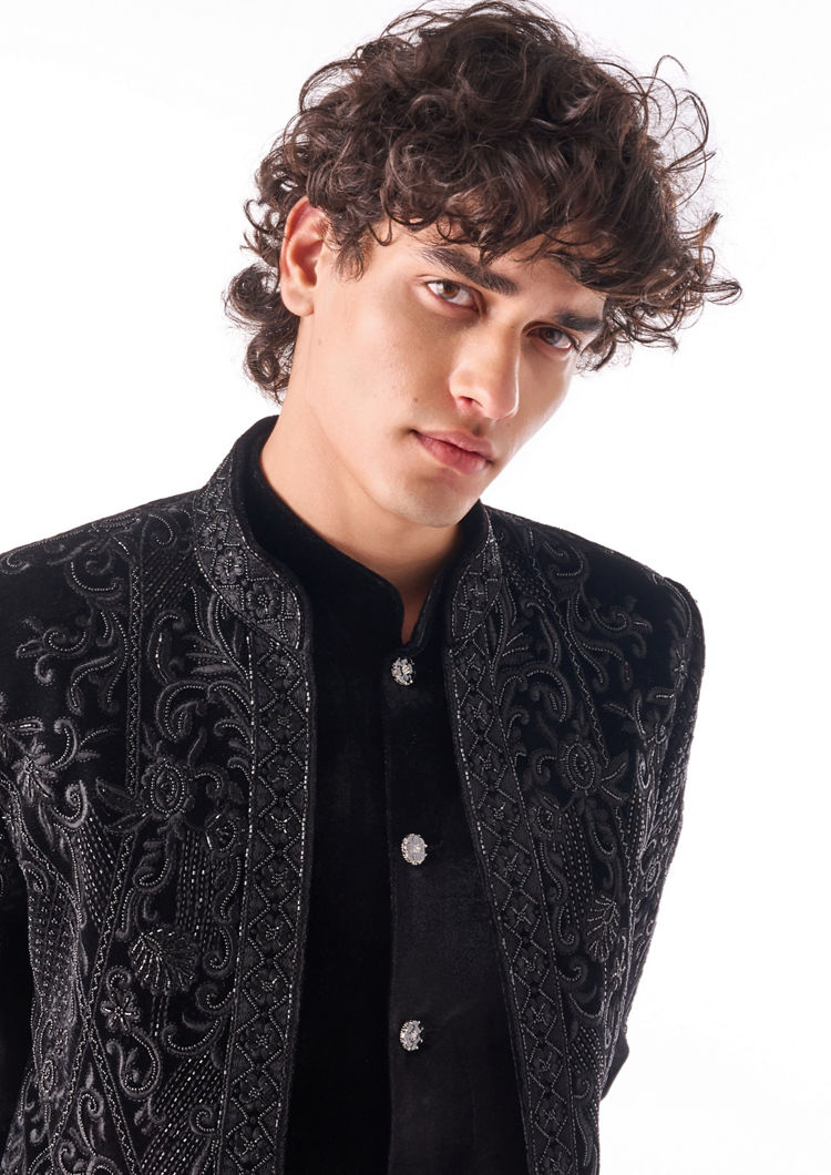 Twamev Men Black Textured Indo-Western Set