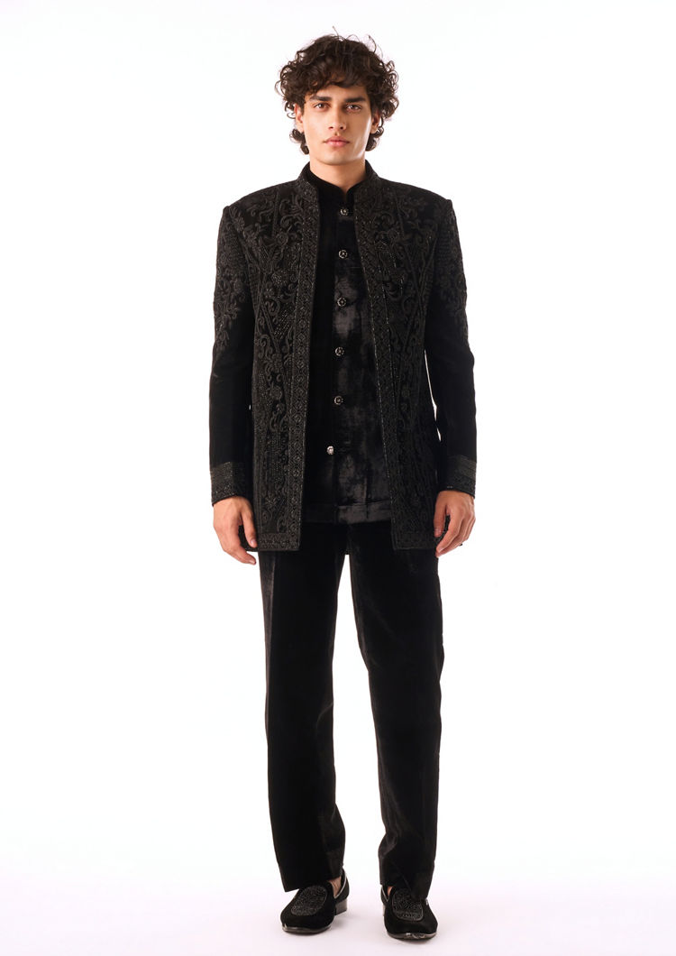 Twamev Men Black Textured Indo-Western Set