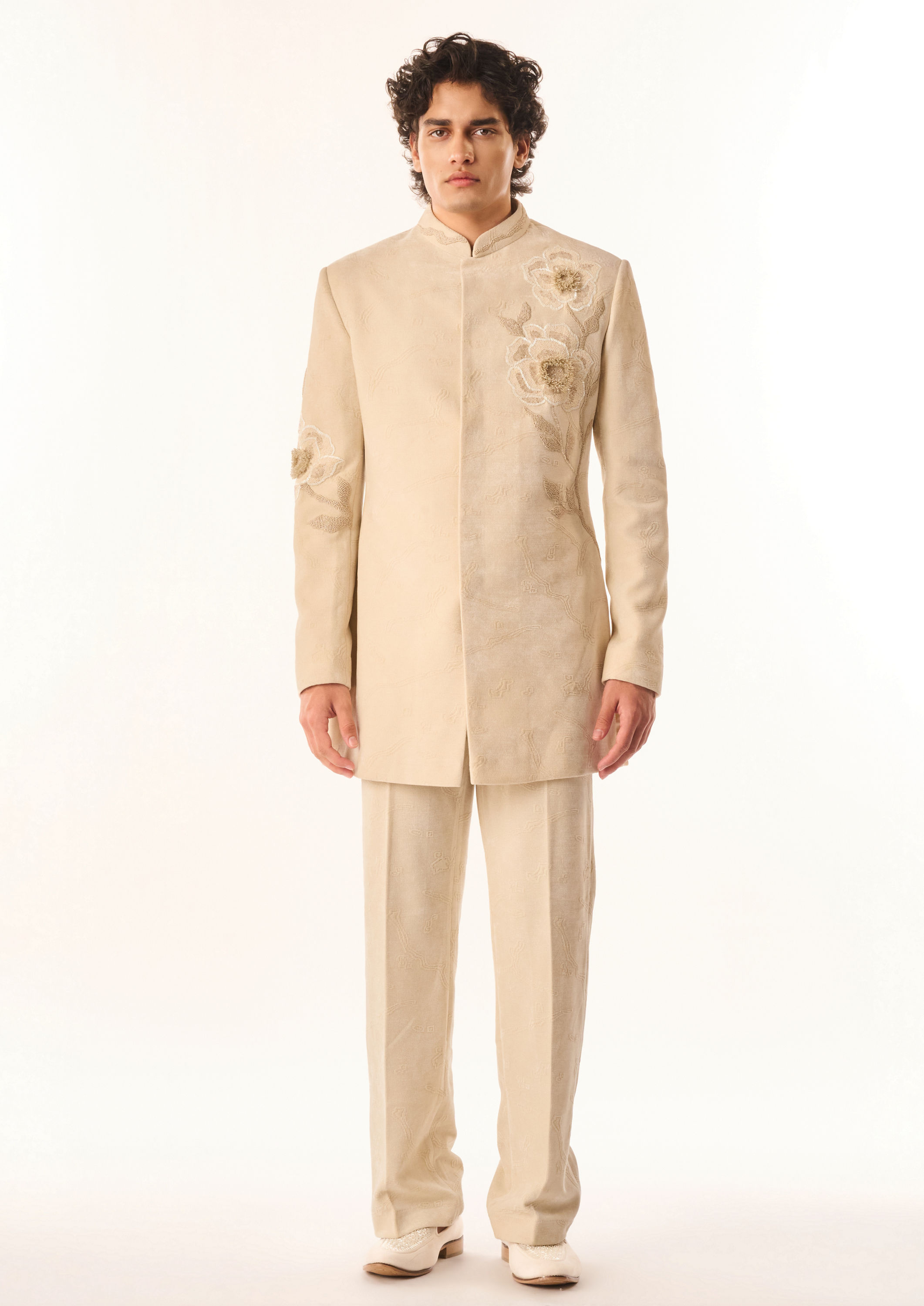 Twamev Men Cream Velvet Indo Western Suit with Embroidery
