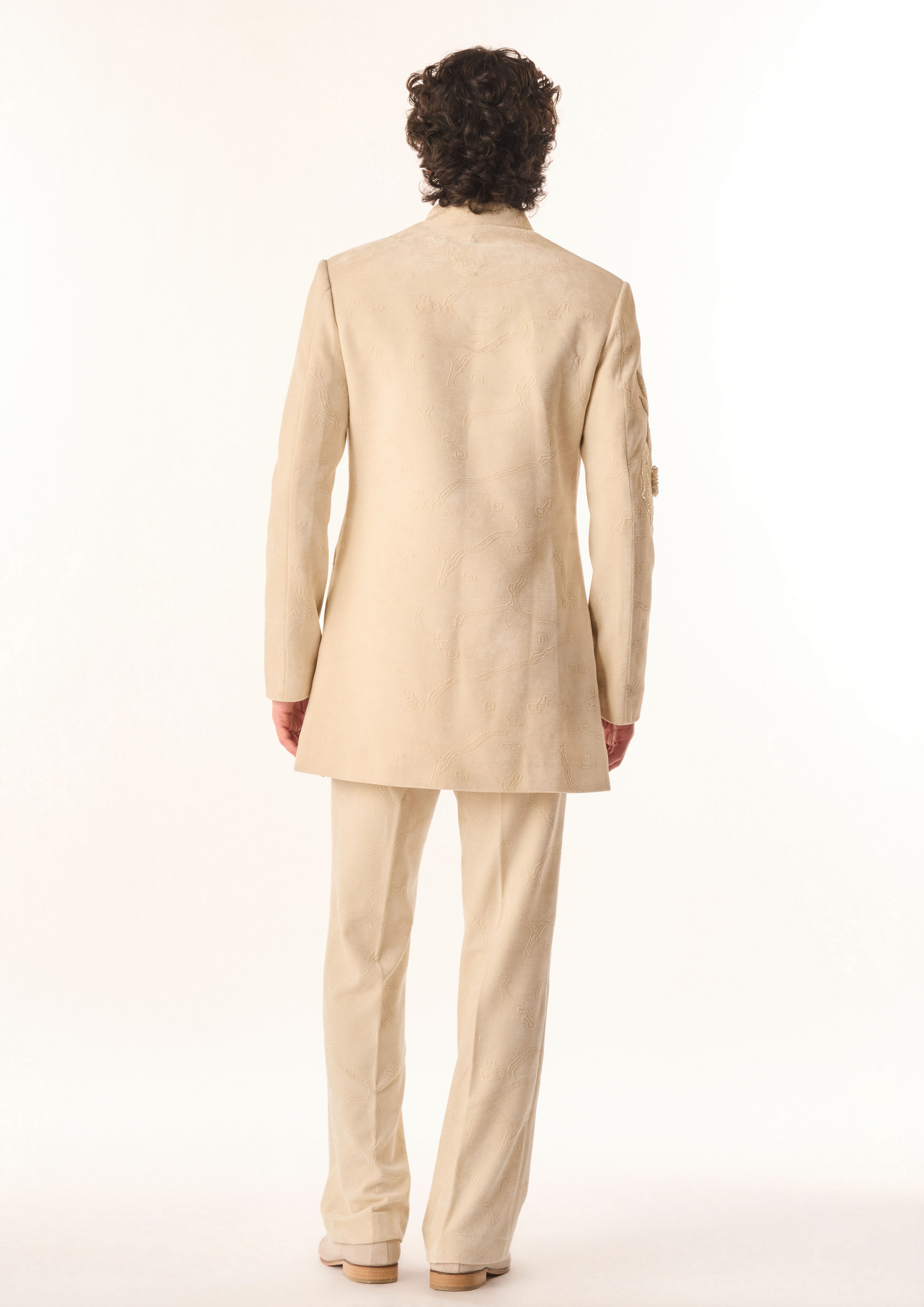 Twamev Men Cream Velvet Indo Western Suit with Embroidery