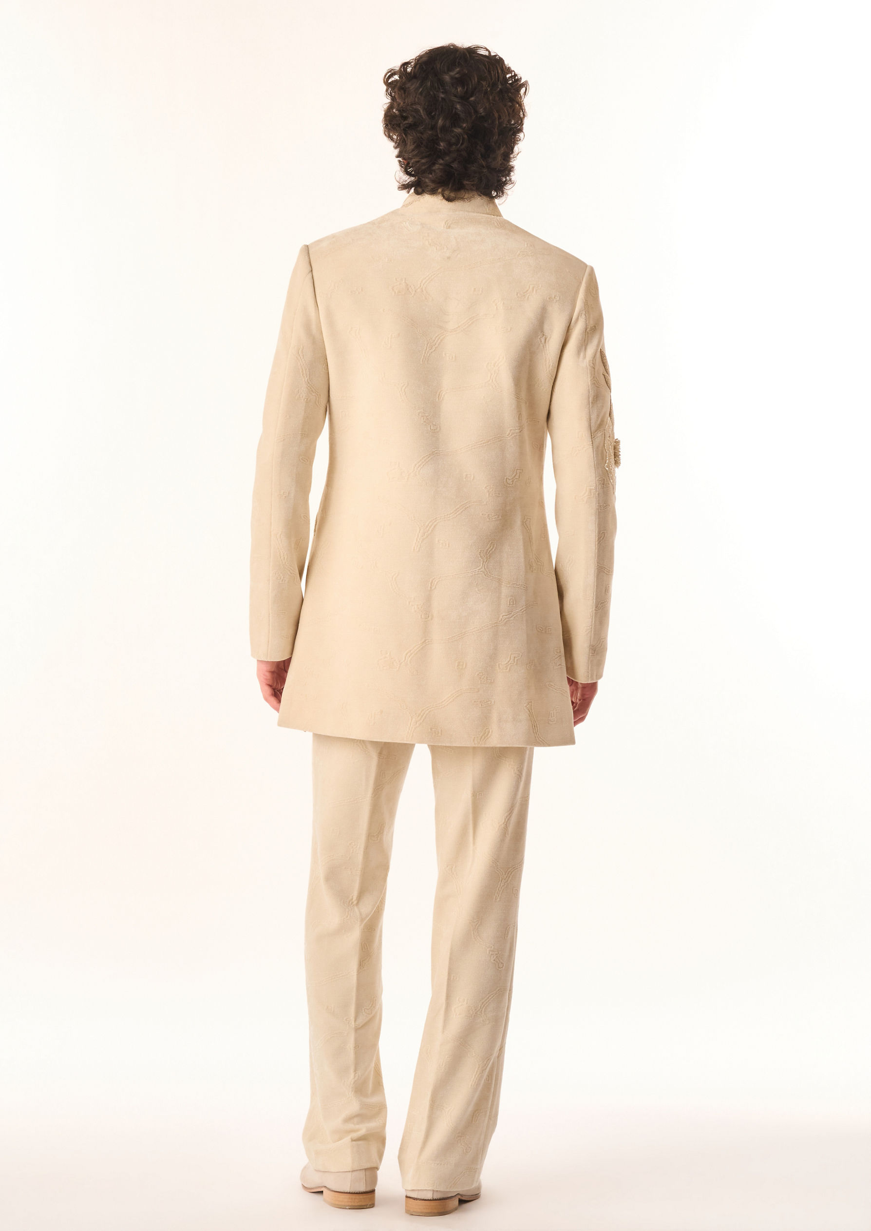 Twamev Men Cream Velvet Indo Western Suit with Embroidery