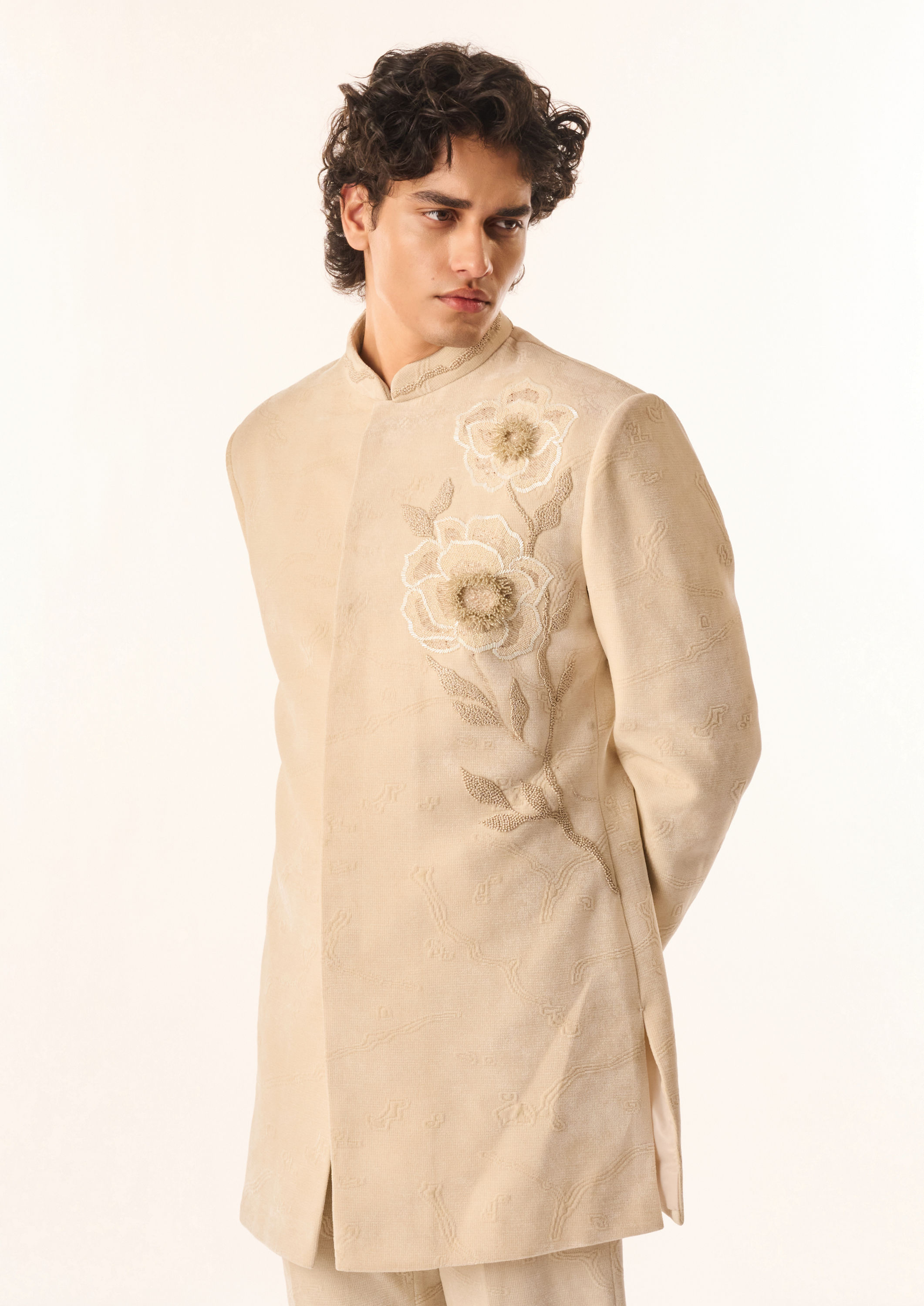 Twamev Men Cream Velvet Indo Western Suit with Embroidery