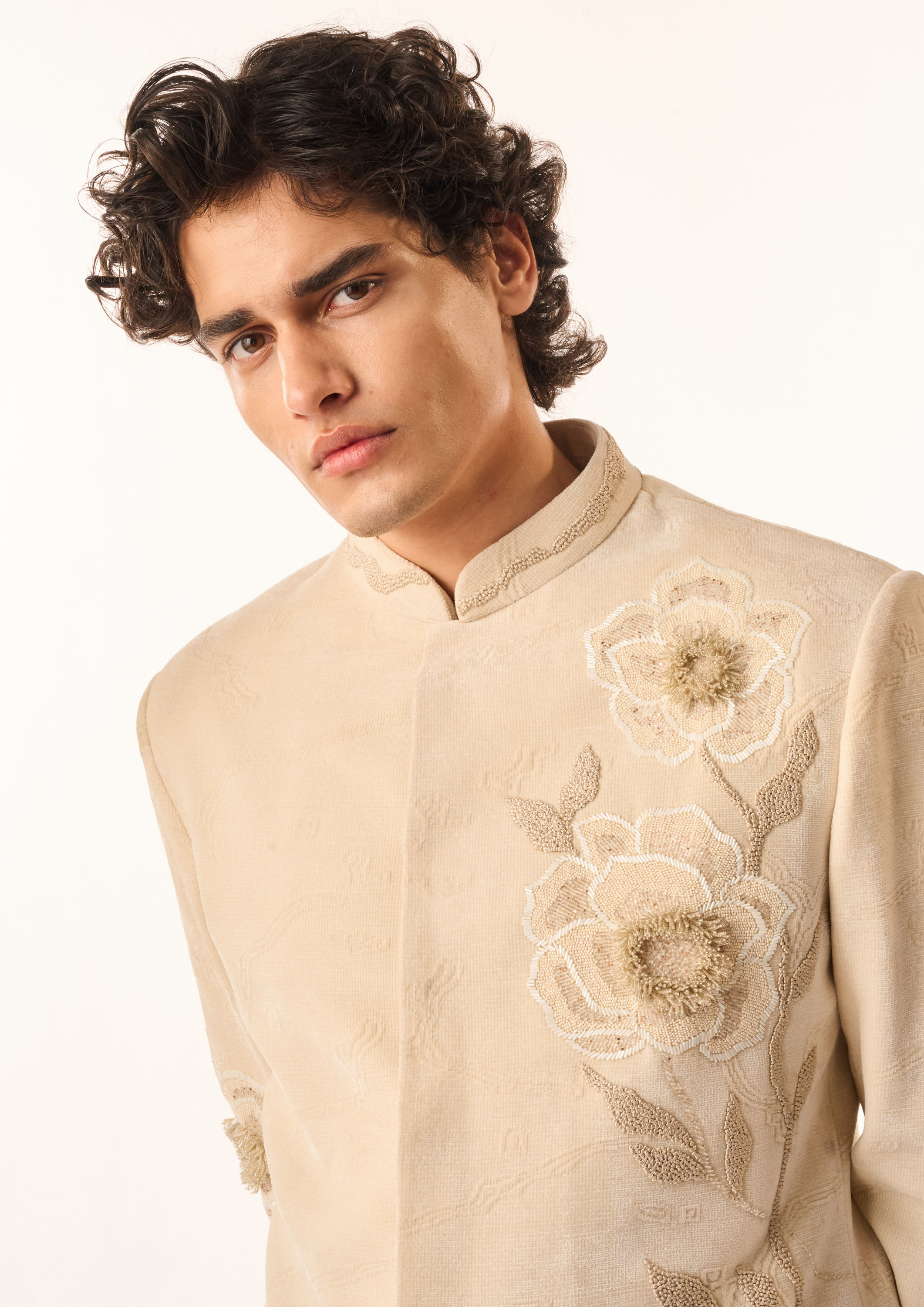 Twamev Men Cream Velvet Indo Western Suit with Embroidery