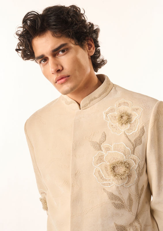 Twamev Men Cream Velvet Indo Western Suit with Embroidery
