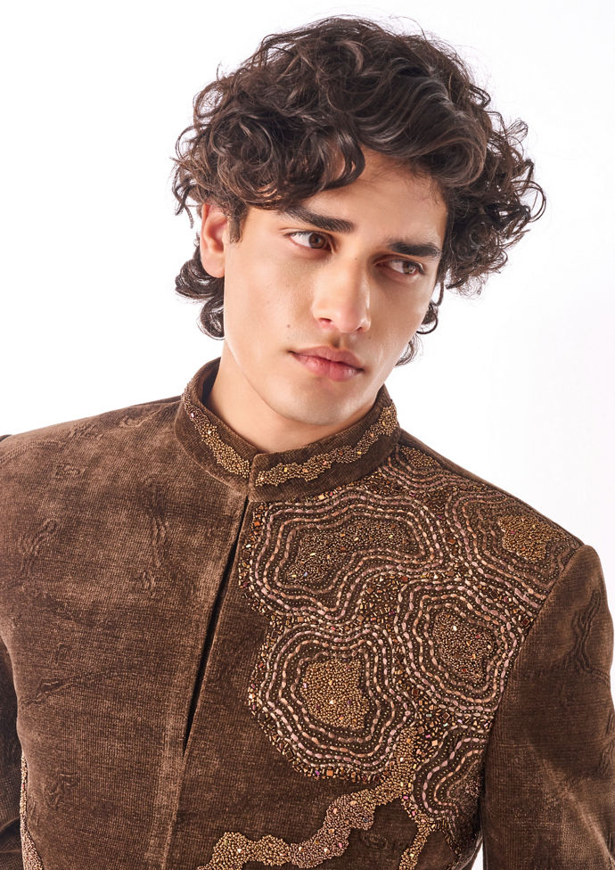 Twamev Men Brown Velvet Indo-Western Set
