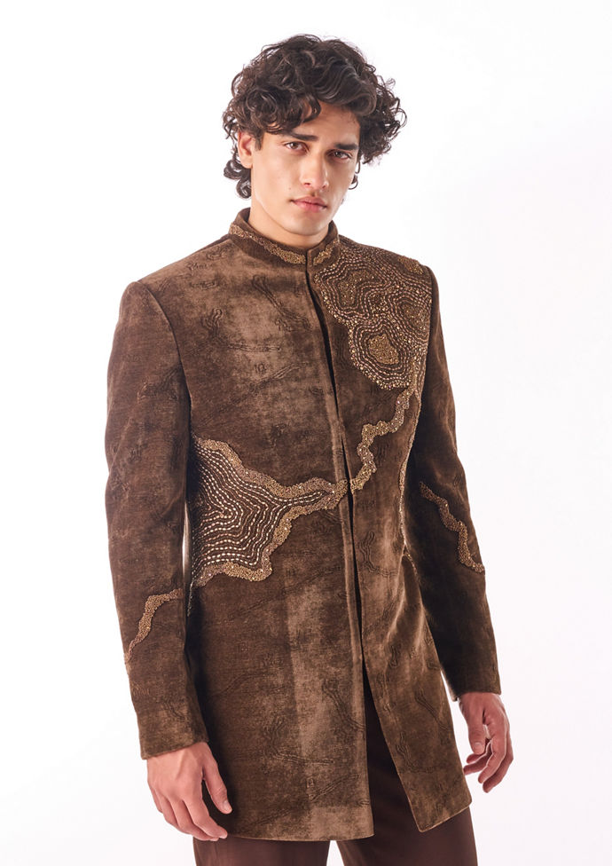 Twamev Men Brown Velvet Indo-Western Set