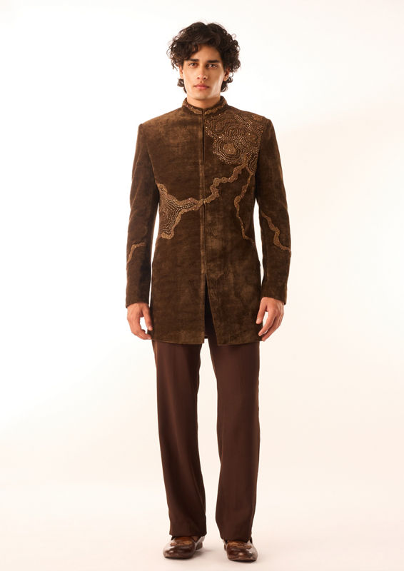Twamev Men Brown Velvet Indo-Western Set