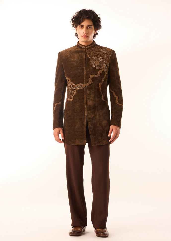 Twamev Men Brown Velvet Indo-Western Set