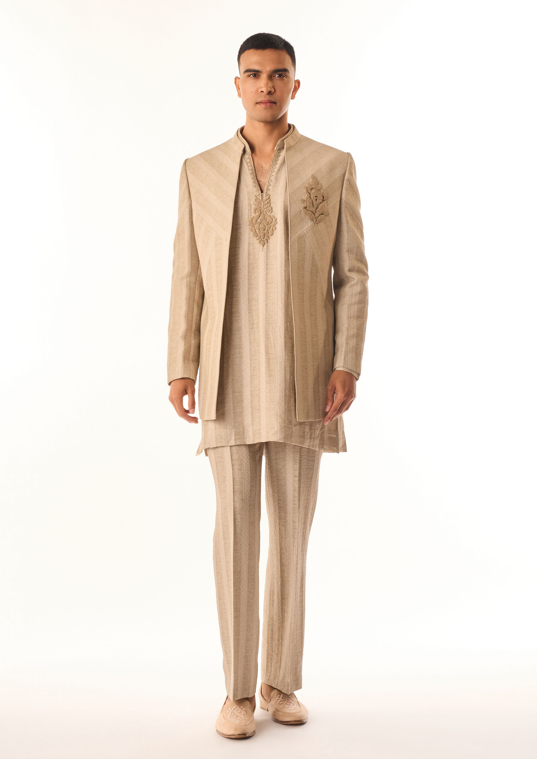 Twamev Men Beige Linen Indo Western with Embroidery