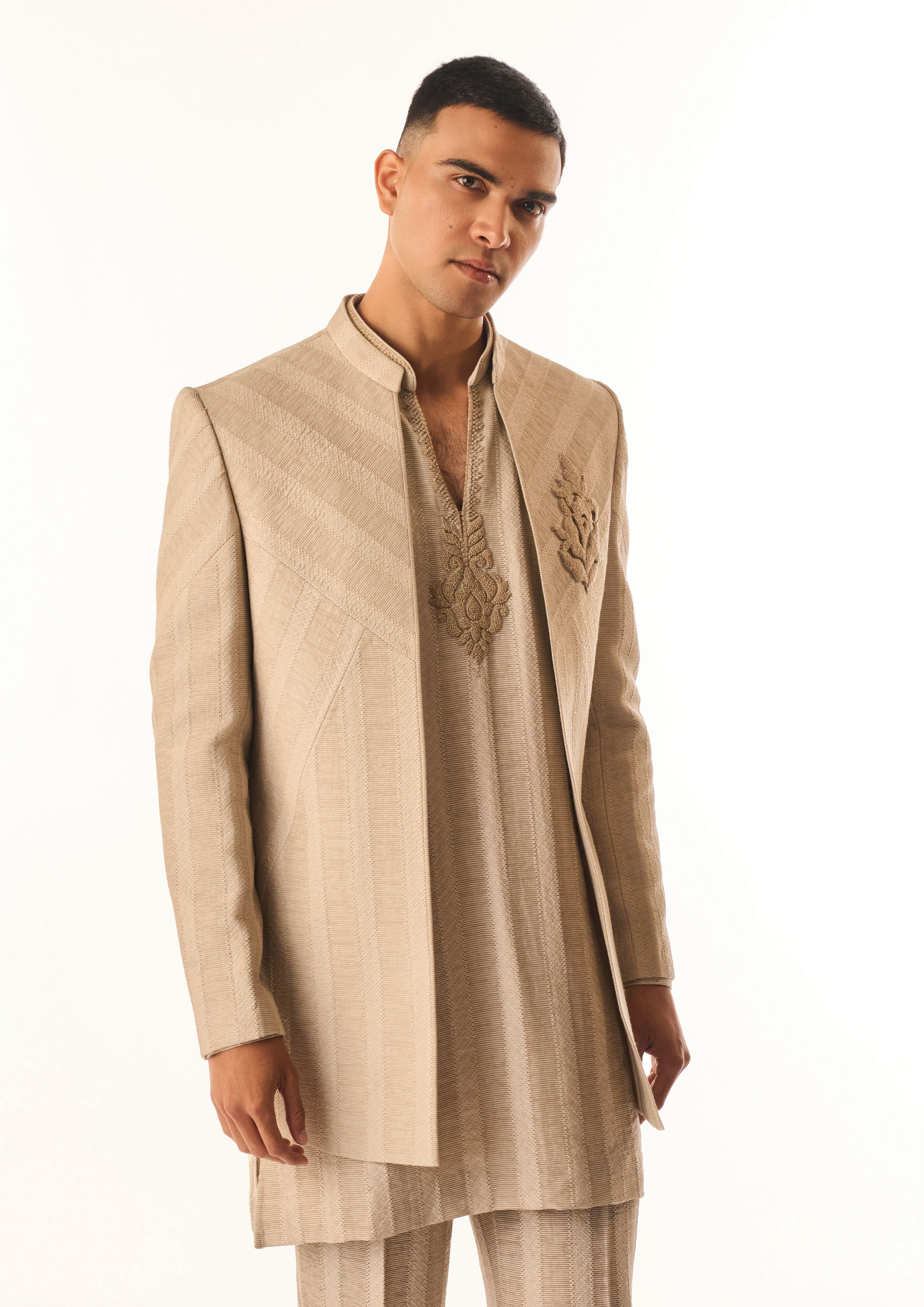 Twamev Men Beige Linen Indo Western with Embroidery
