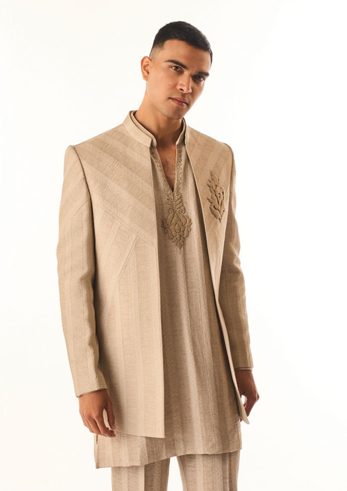 Twamev Men Beige Linen Indo Western with Embroidery
