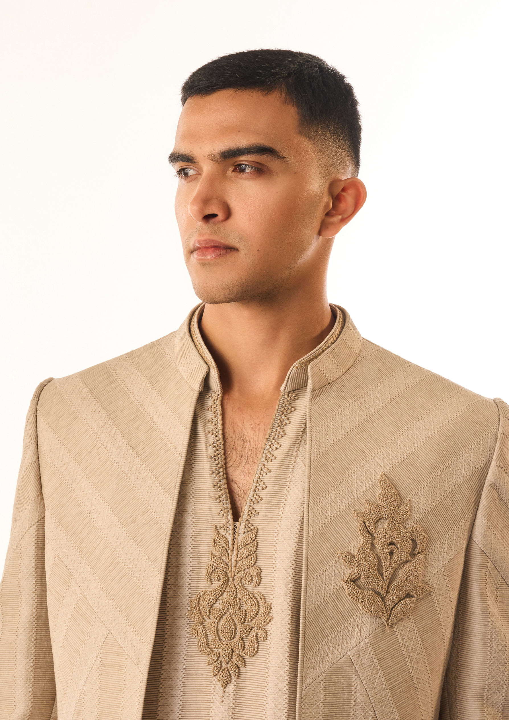 Twamev Men Beige Linen Indo Western with Embroidery