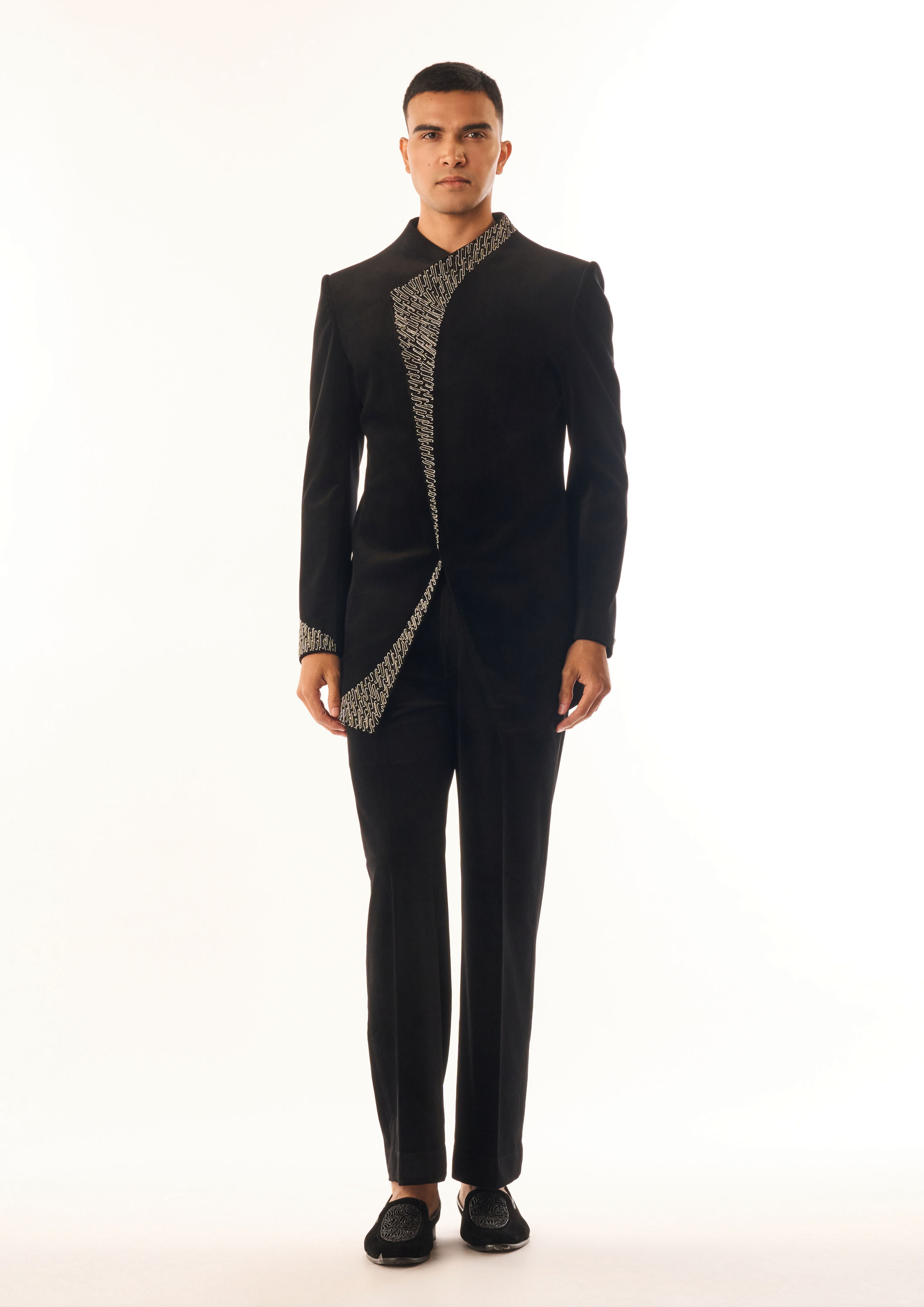 Twamev Men Black Velvet Indo Western Suit with Embroidery