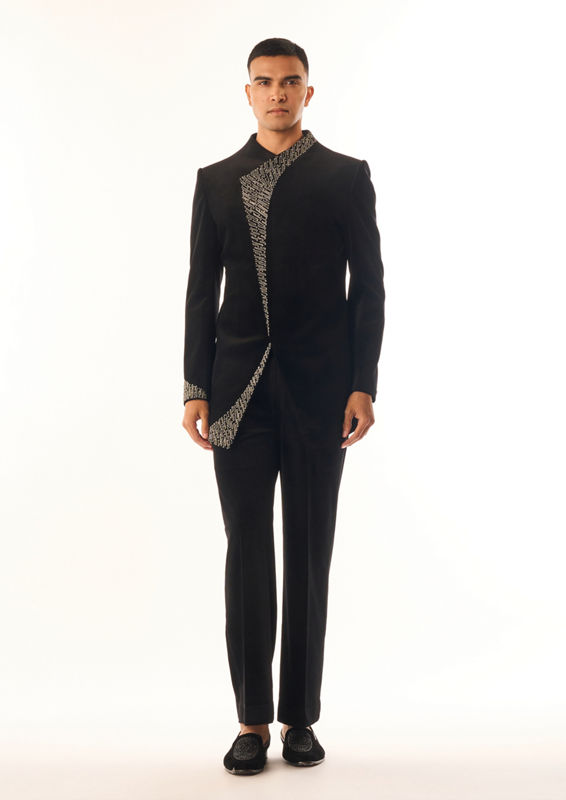 Twamev Men Black Velvet Indo Western Suit with Embroidery