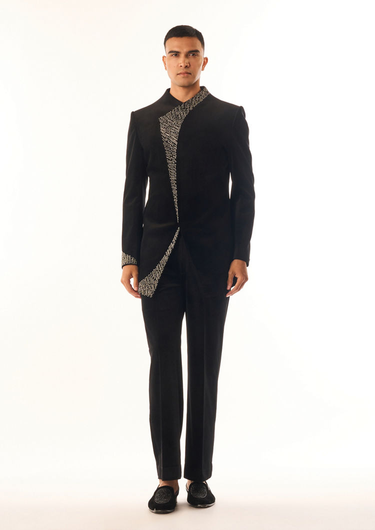 Twamev Men Black Velvet Indo Western Suit with Embroidery